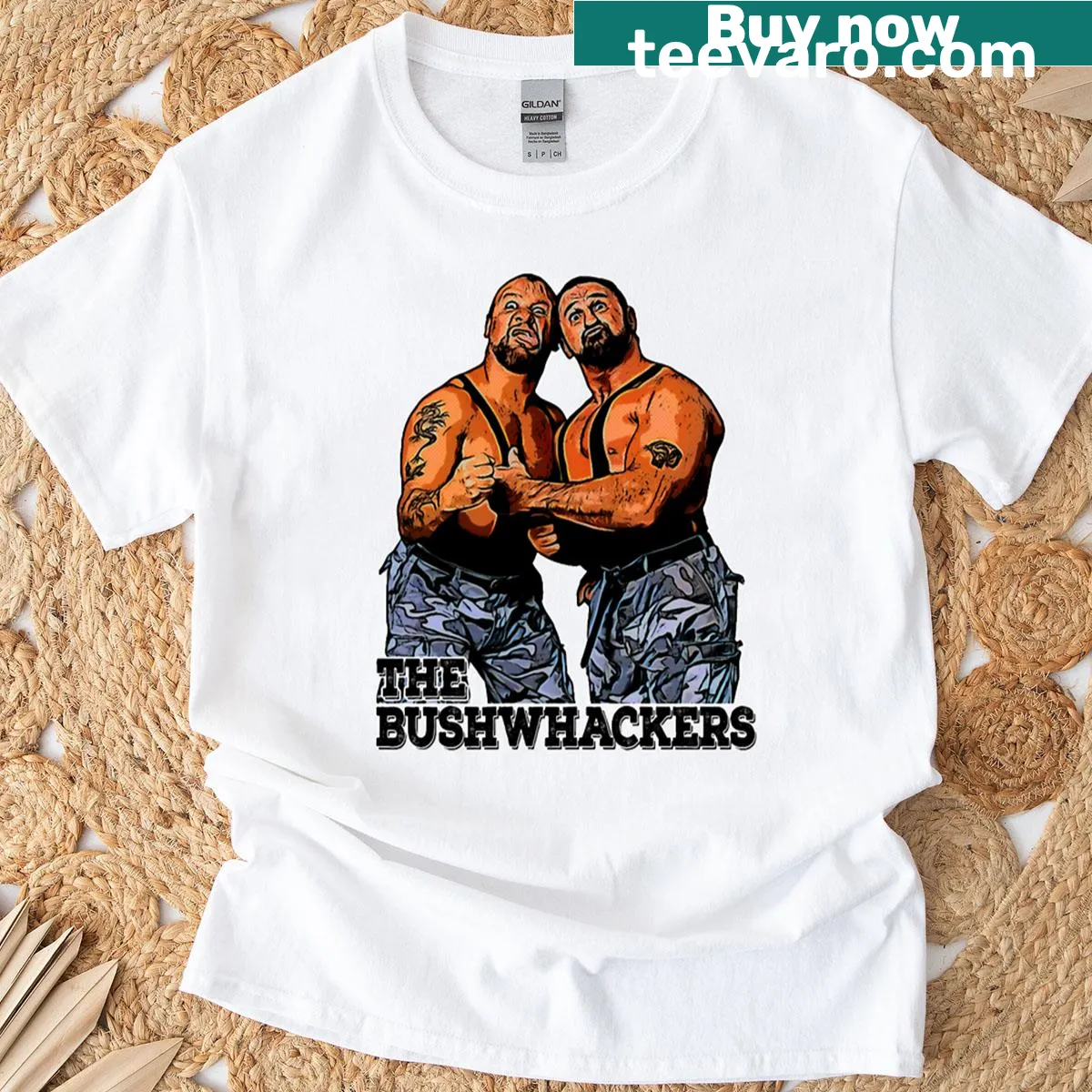 Playful graphic representing the Bushwhackers — on a men's t-shirt