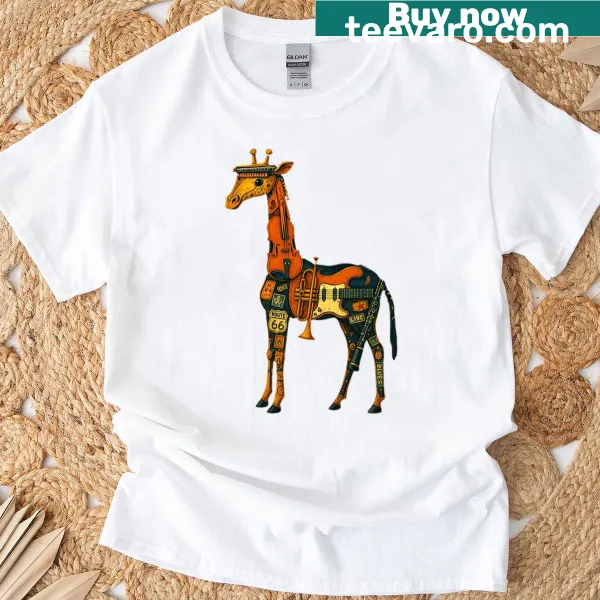 Cartoon giraffe playing jazz music on t-shirt