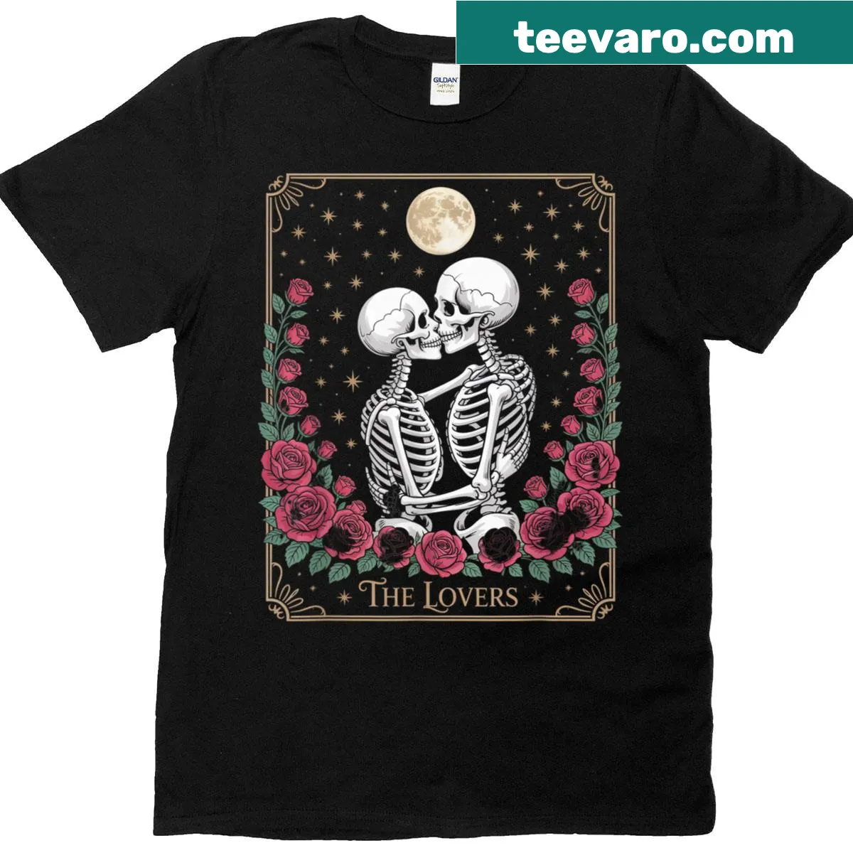 Vintage tarot card t-shirt featuring The Lovers design — on a men's t-shirt
