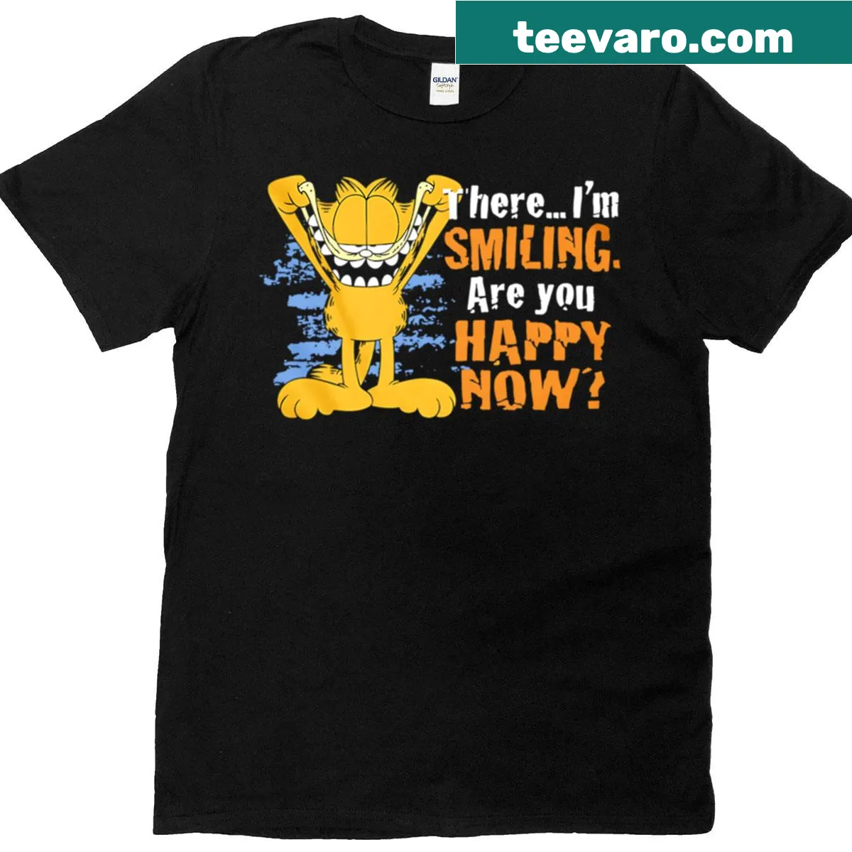 Playful t-shirt with the phrase 'There I'm Smiling, Are You Happy Now?' — on a men's t-shirt