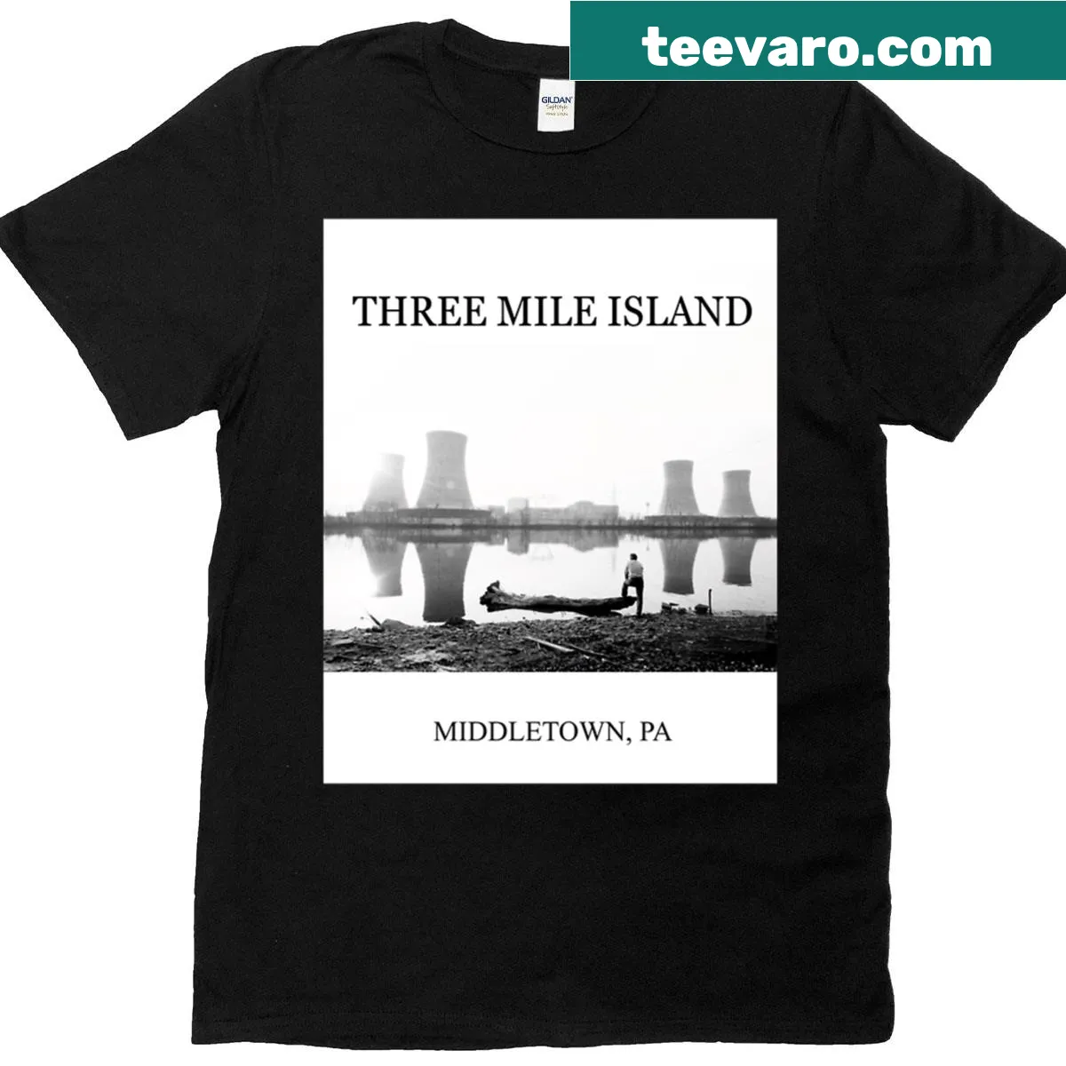 Vintage T-shirt featuring a design inspired by Three Mile Island — on a men's t-shirt