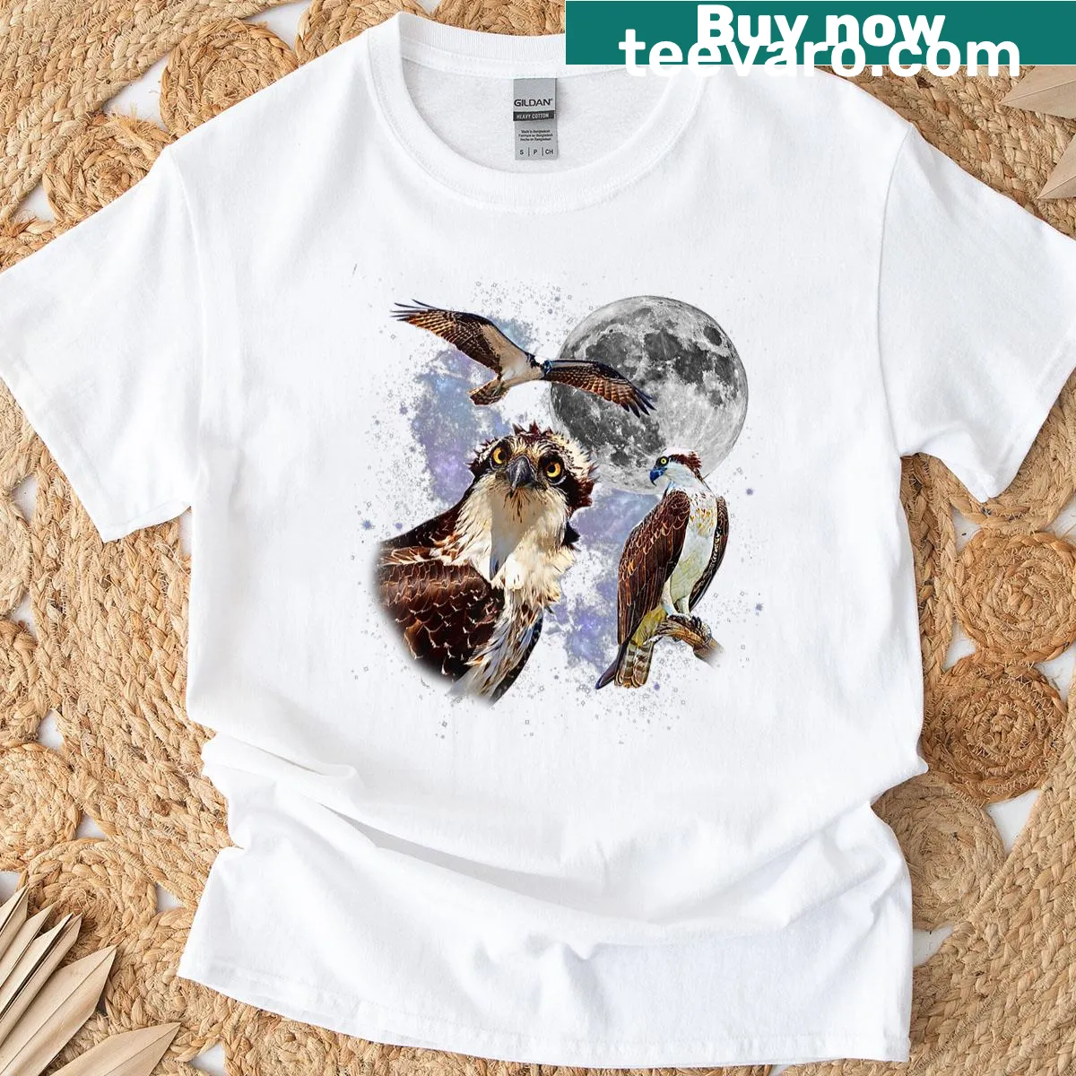 Retro-style T-shirt featuring three ospreys and a moonlit design — on a men's t-shirt