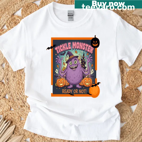 Cute t-shirt featuring a cartoon Tickle Monster ready for fun