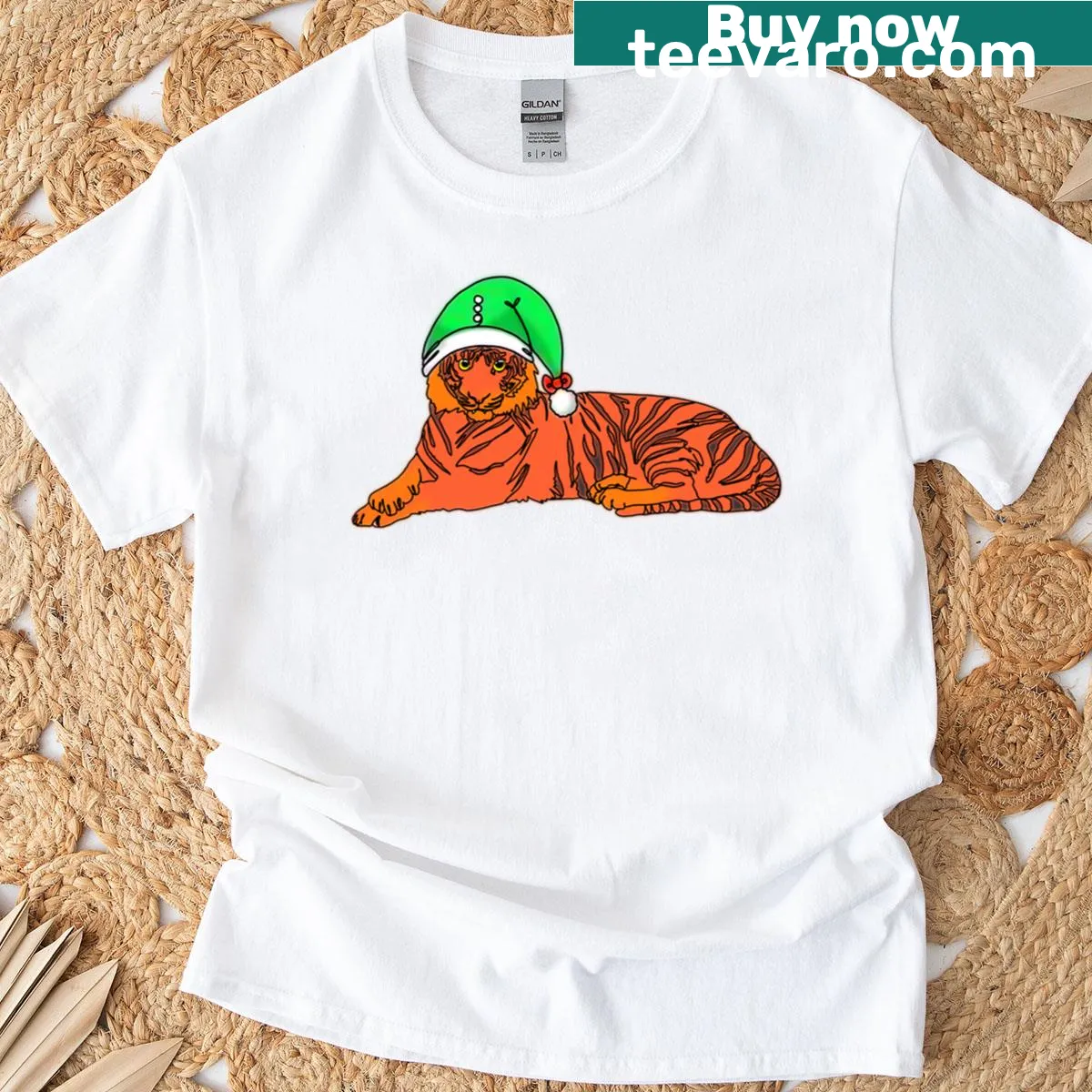 Cute tiger wearing an elf hat illustrated on a children's tee — on a men's t-shirt
