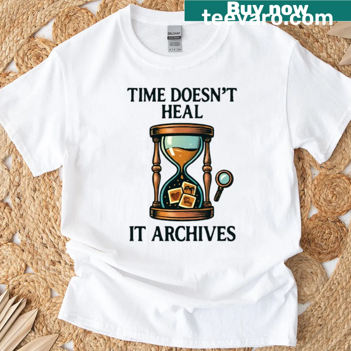 Thoughtful typography T-shirt with text about memories and time — on a men's t-shirt