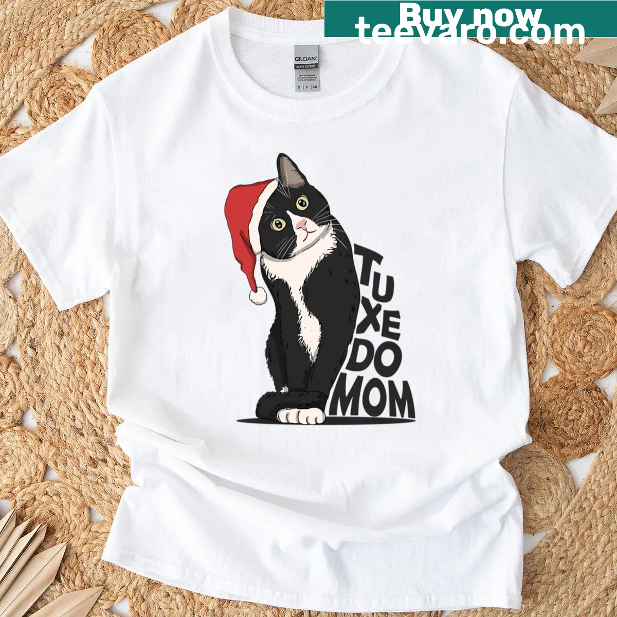 T-shirt with cute typography celebrating tuxedo cat moms for Christmas — on a men's t-shirt