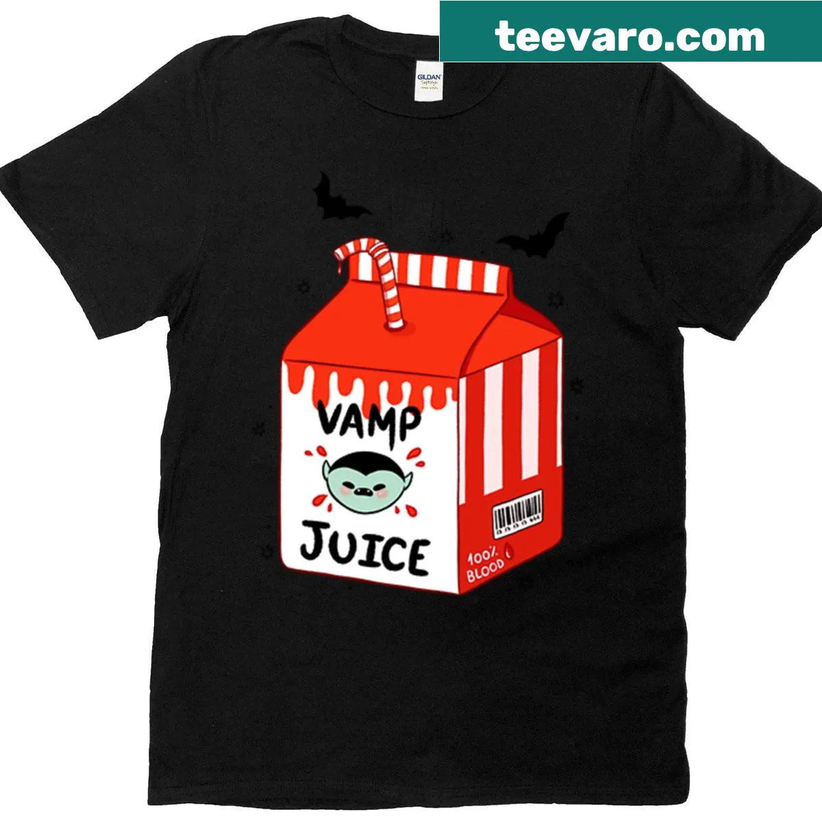 T-shirt with a playful illustration of a vampire juice box — on a men's t-shirt