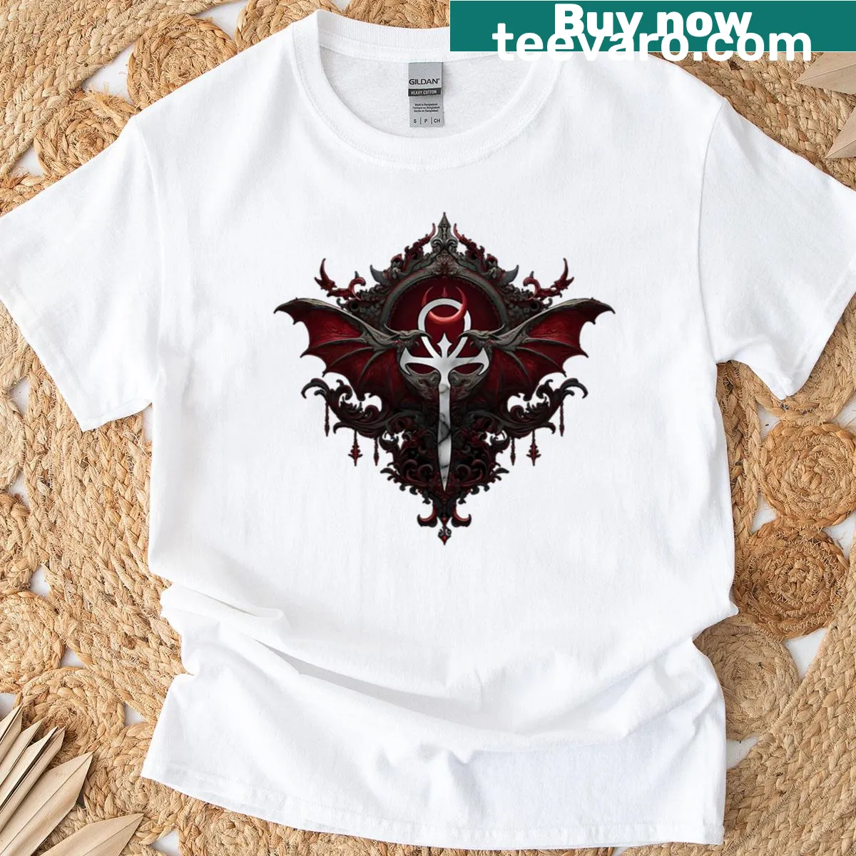 Edgy typography design for a vampire-themed t-shirt — on a men's t-shirt