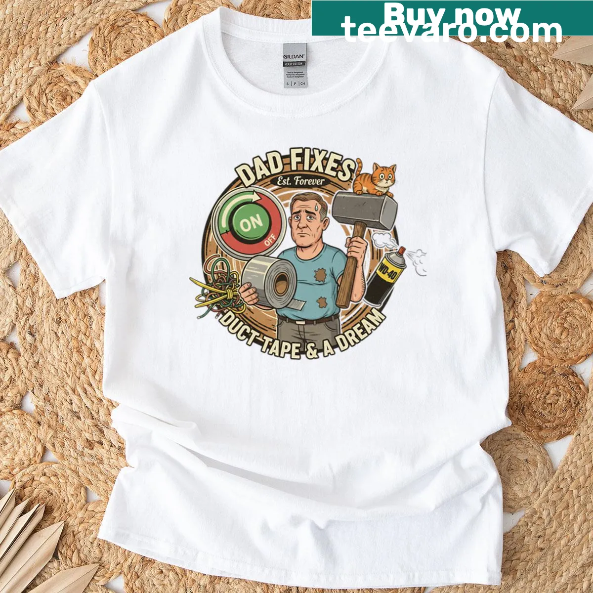 Oversized T-shirt with humorous text about dad tasks and fixing lists — on a men's t-shirt