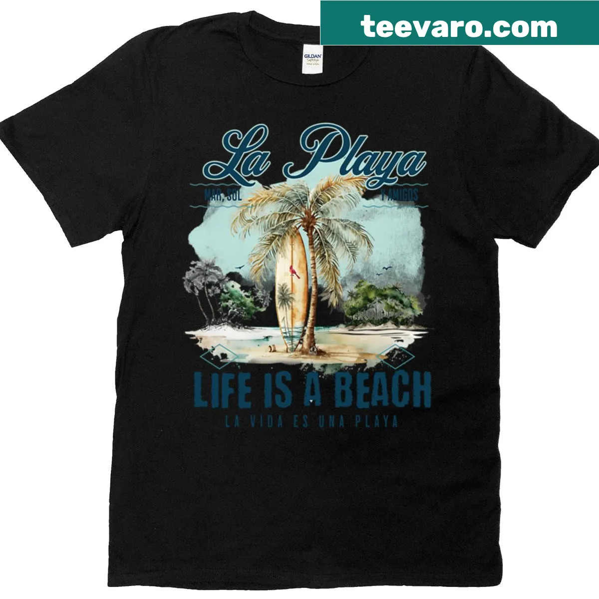 Vintage-style Vida Es La Playa beach life T-shirt — on a men's t-shirt