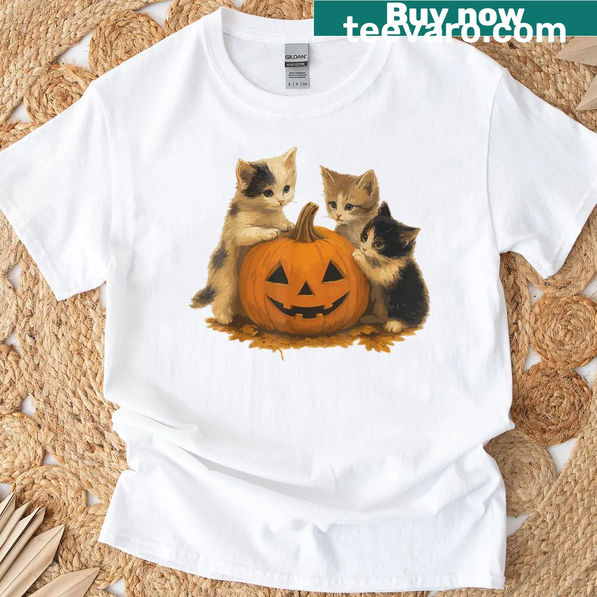 Retro Halloween t-shirt featuring a spooky cat design — on a men's t-shirt