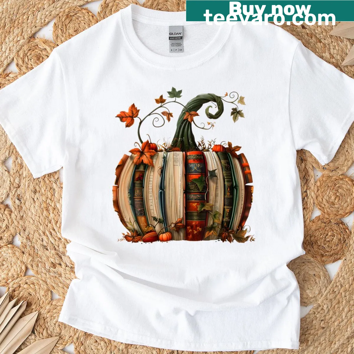 Vintage-style tee with books and pumpkins for teachers — on a men's t-shirt