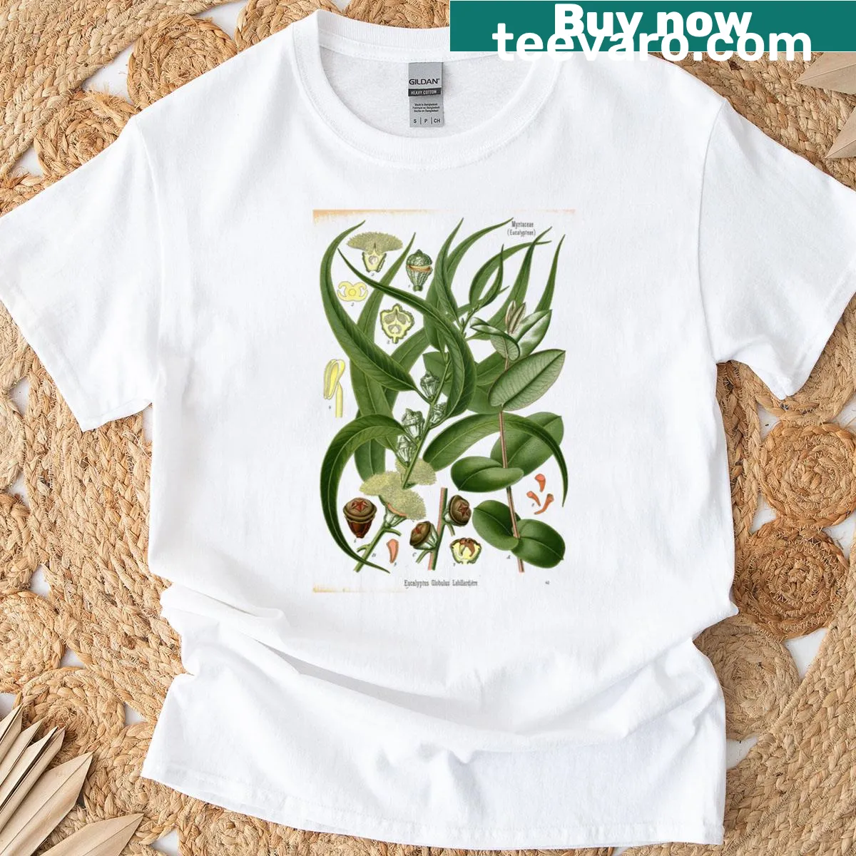 Vintage-style T-shirt featuring eucalyptus botanicals in a faded design — on a men's t-shirt