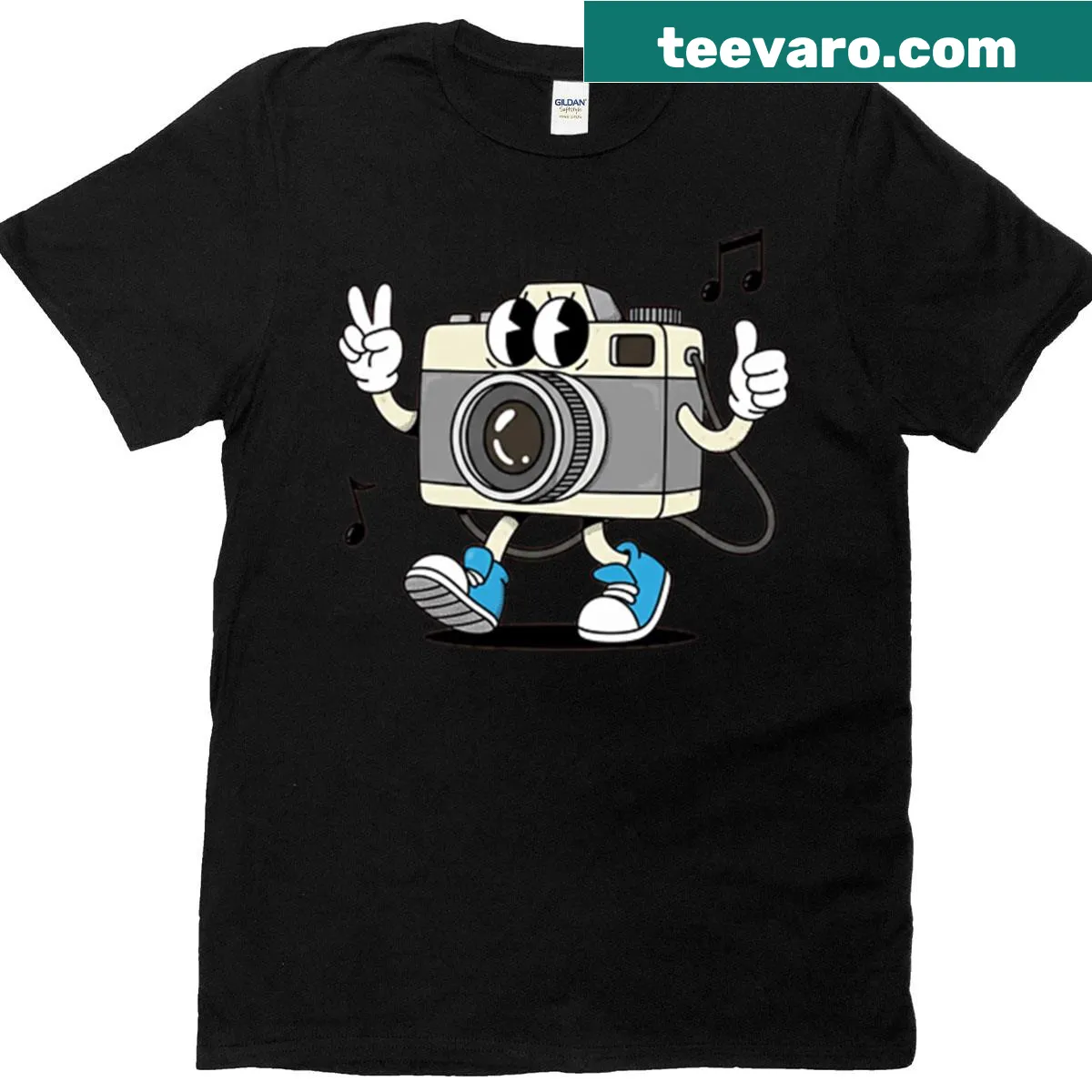 Cartoon vintage camera with peace sign and thumbs up — on a men's t-shirt