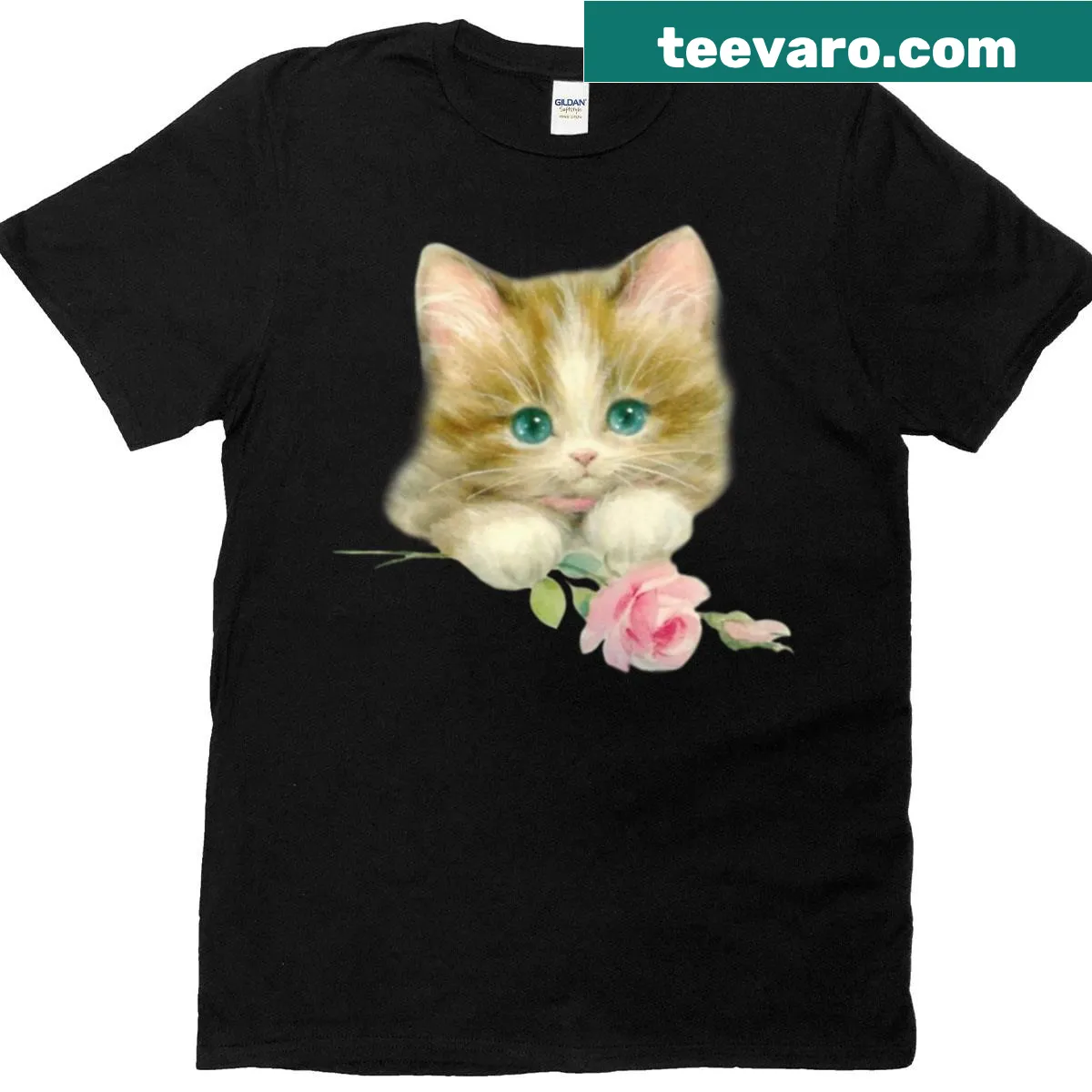 Vintage cat t-shirt featuring a cat with pink roses in a retro style — on a men's t-shirt