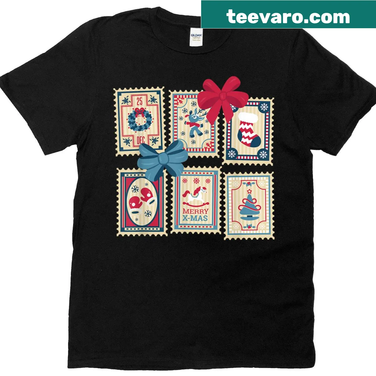 Vintage distressed Christmas stamp design t-shirt — on a men's t-shirt