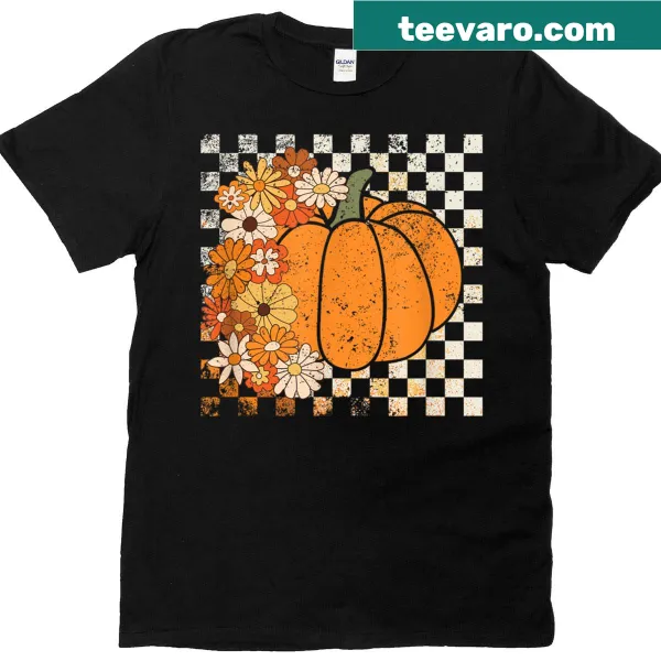 Vintage pumpkin t-shirt with retro flowers in a distressed style