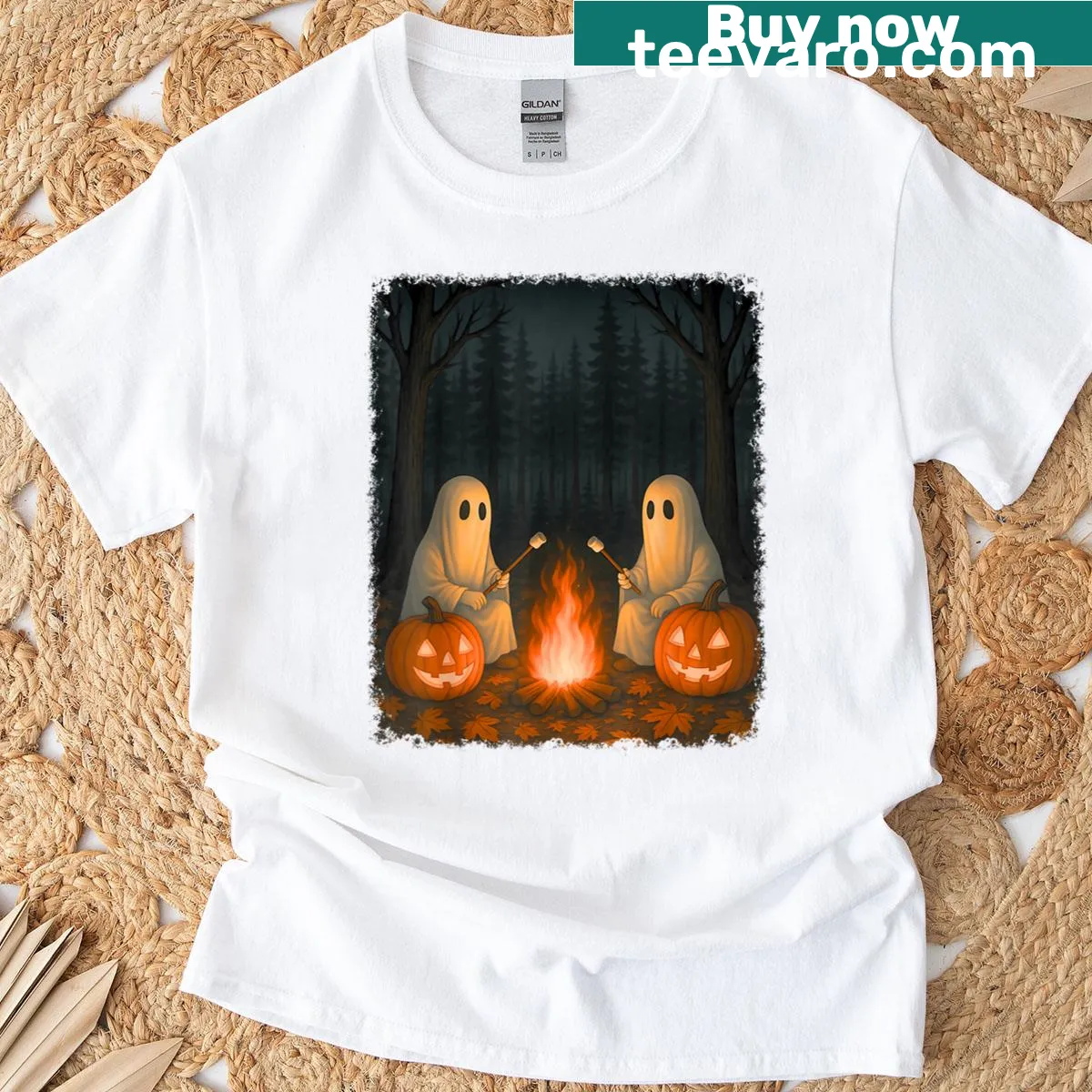 Vintage ghost graphic over a campfire on a Halloween t-shirt — on a men's t-shirt