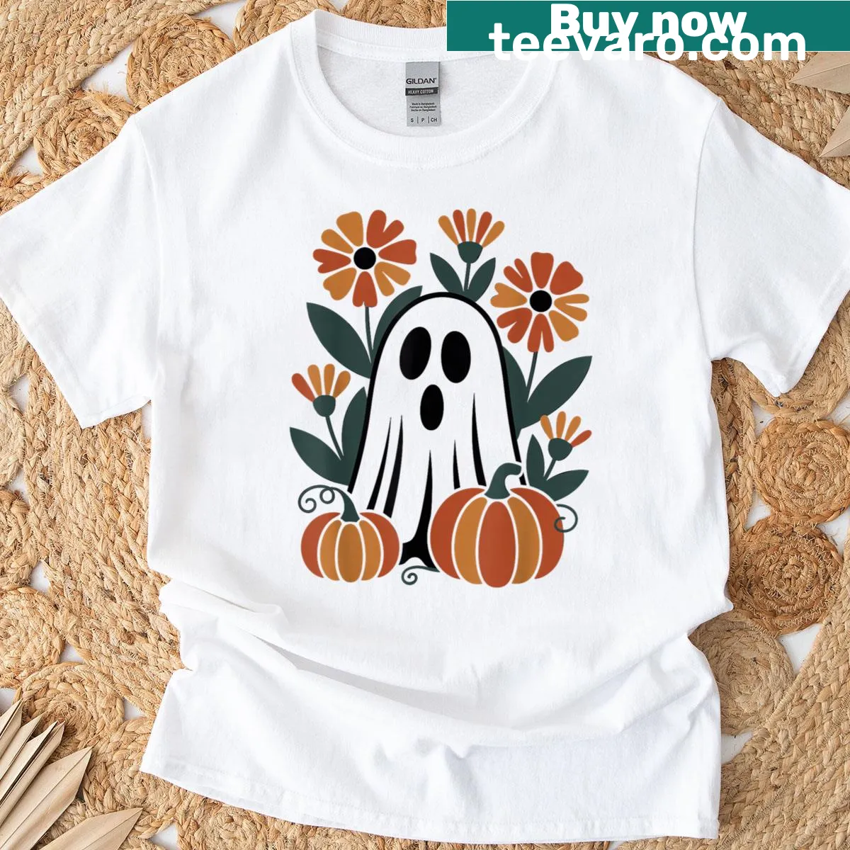 Charming vintage Halloween T-shirt with ghost and floral design — on a men's t-shirt