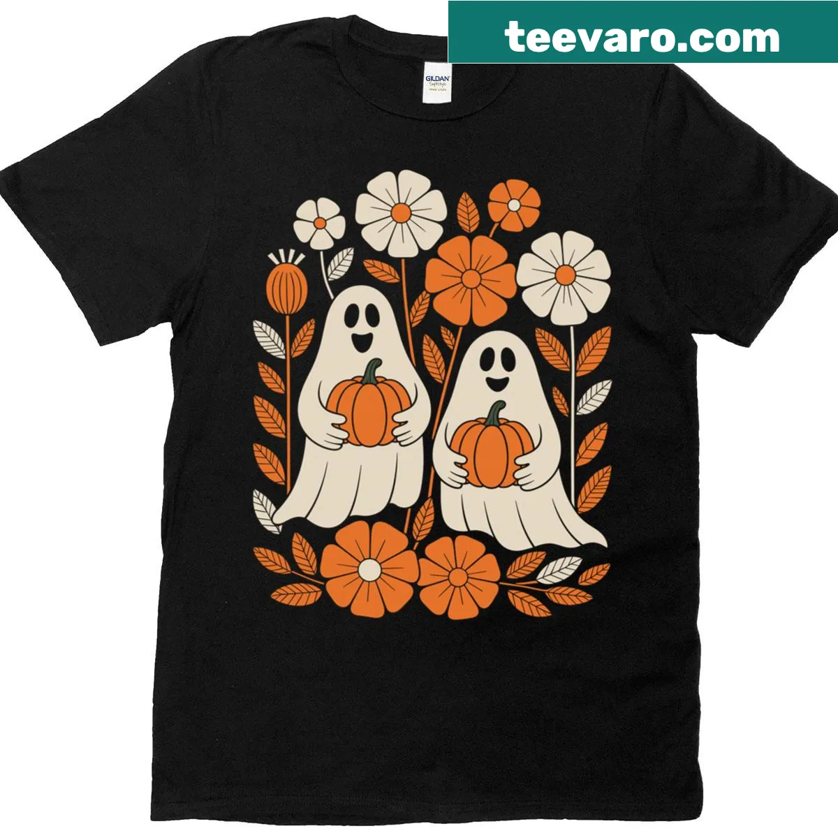 Vintage-style T-shirt with whimsical ghost, flowers, and pumpkin graphic — on a men's t-shirt
