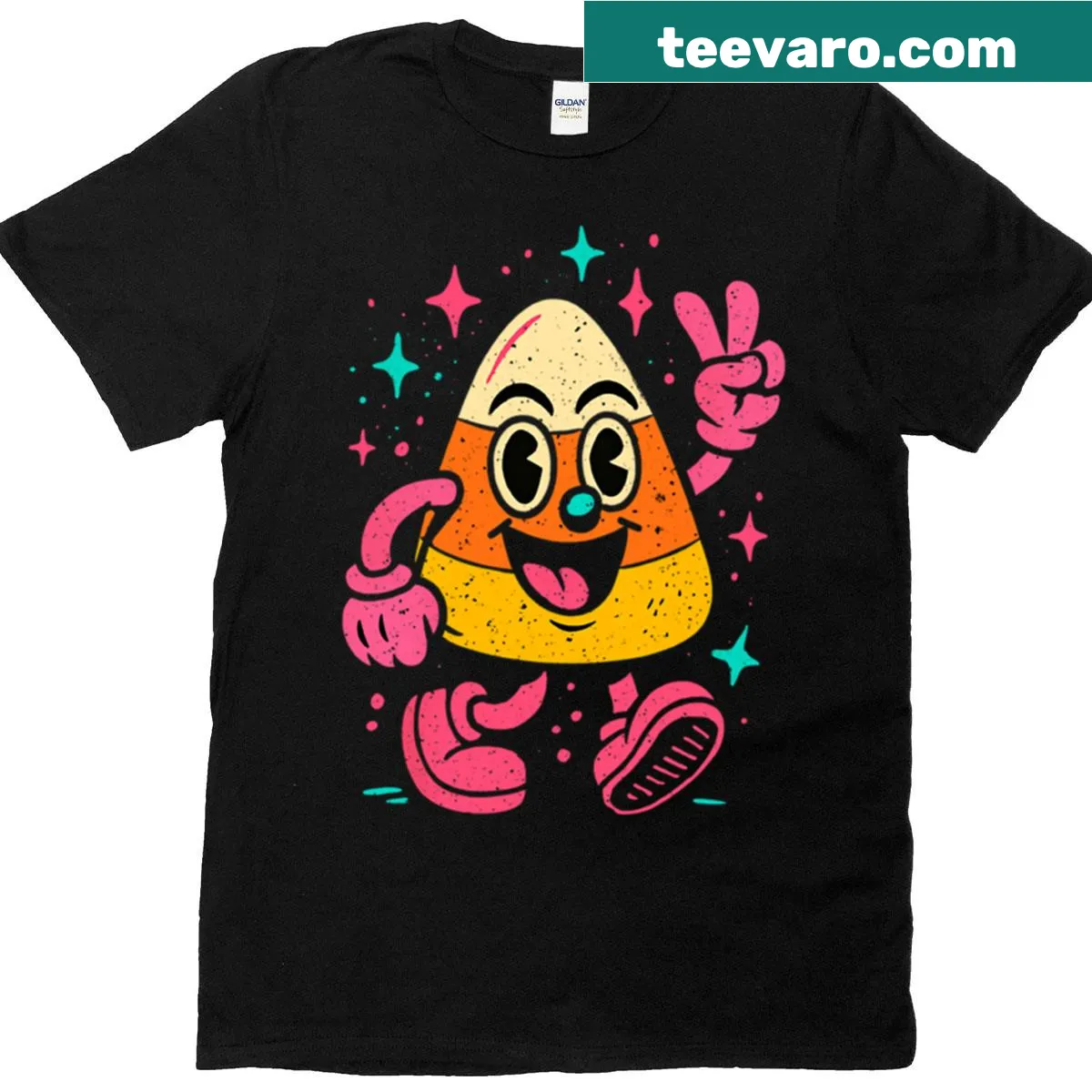 Vintage Halloween t-shirt featuring a playful candy corn design — on a men's t-shirt