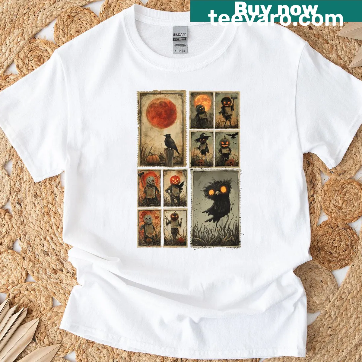 Vintage Halloween stamp collage featuring a pumpkin and an owl. — on a men's t-shirt