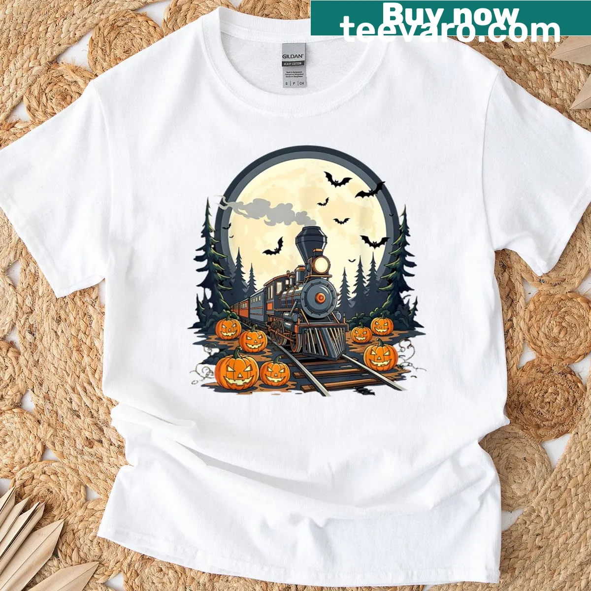 Vintage Halloween train t-shirt featuring jack-o'-lanterns — on a men's t-shirt