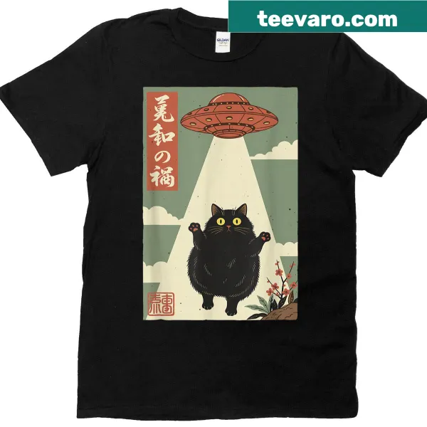 Graphic tee featuring a cat being abducted by a UFO