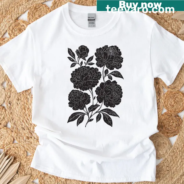 Vintage flower linocut design on a cottagecore T-shirt