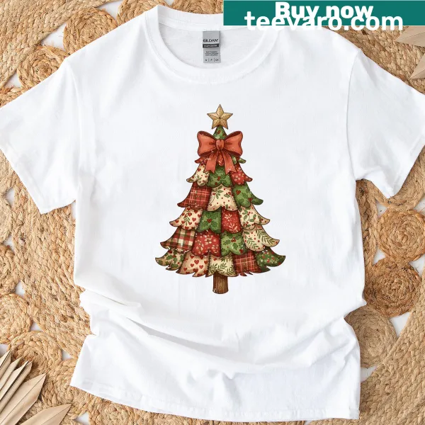 Vintage Merry Christmas tree with bow graphic on a T-shirt
