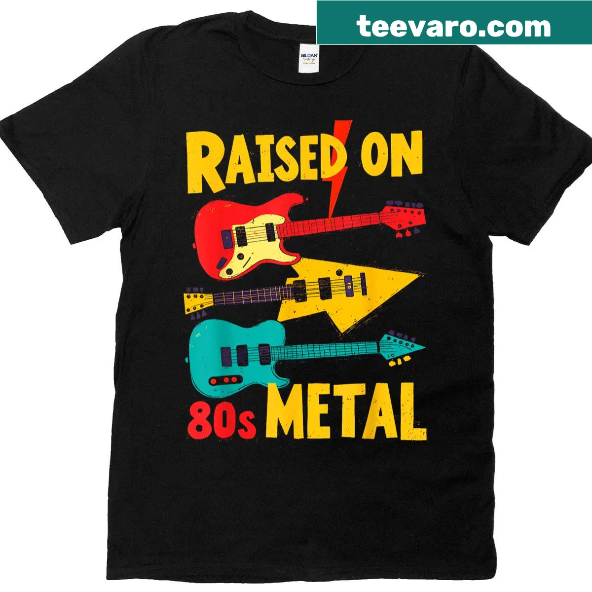 Vintage heavy metal t-shirt with guitar graphics and retro design — on a men's t-shirt