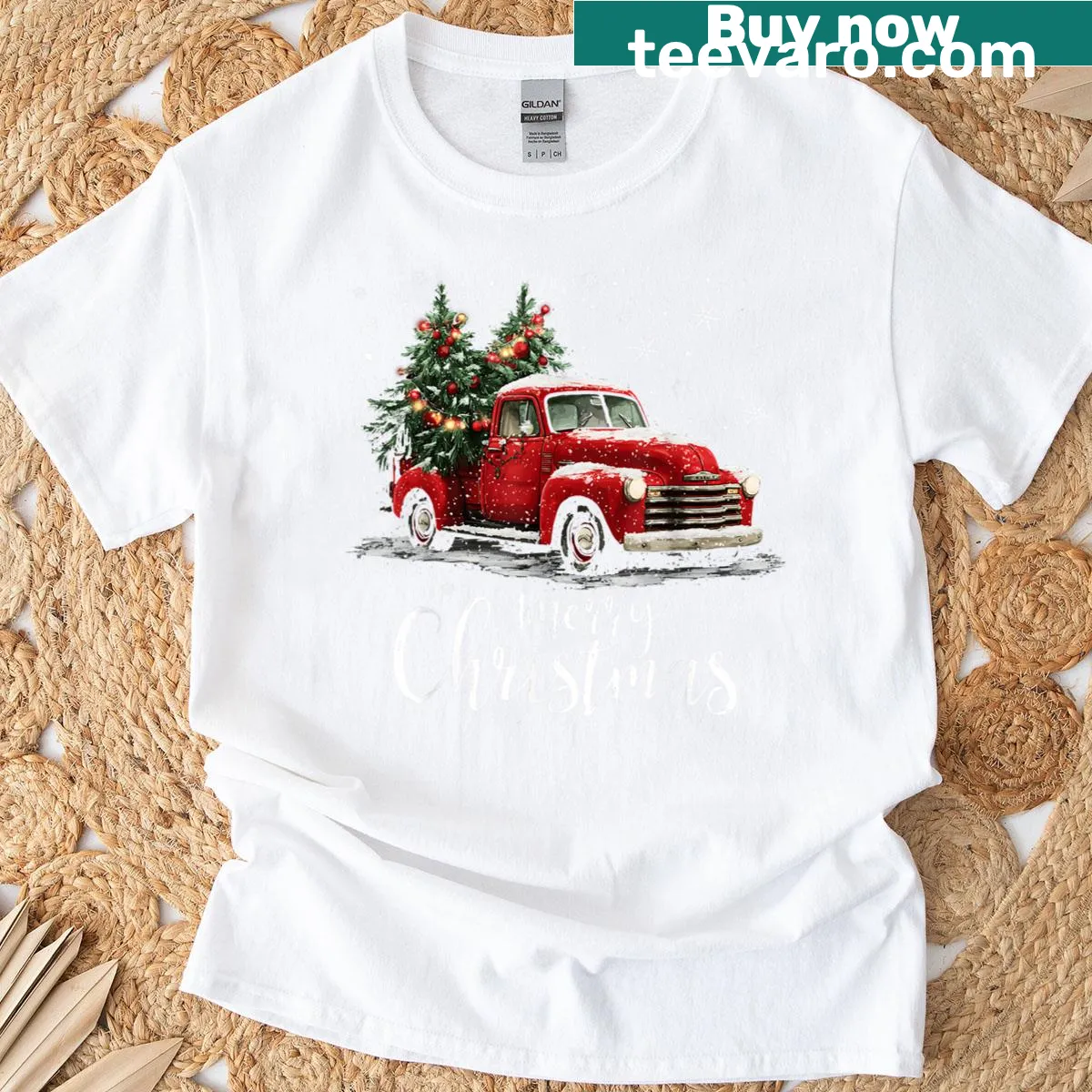 Vintage red truck graphic with a Christmas tree for a humorous tee — on a men's t-shirt