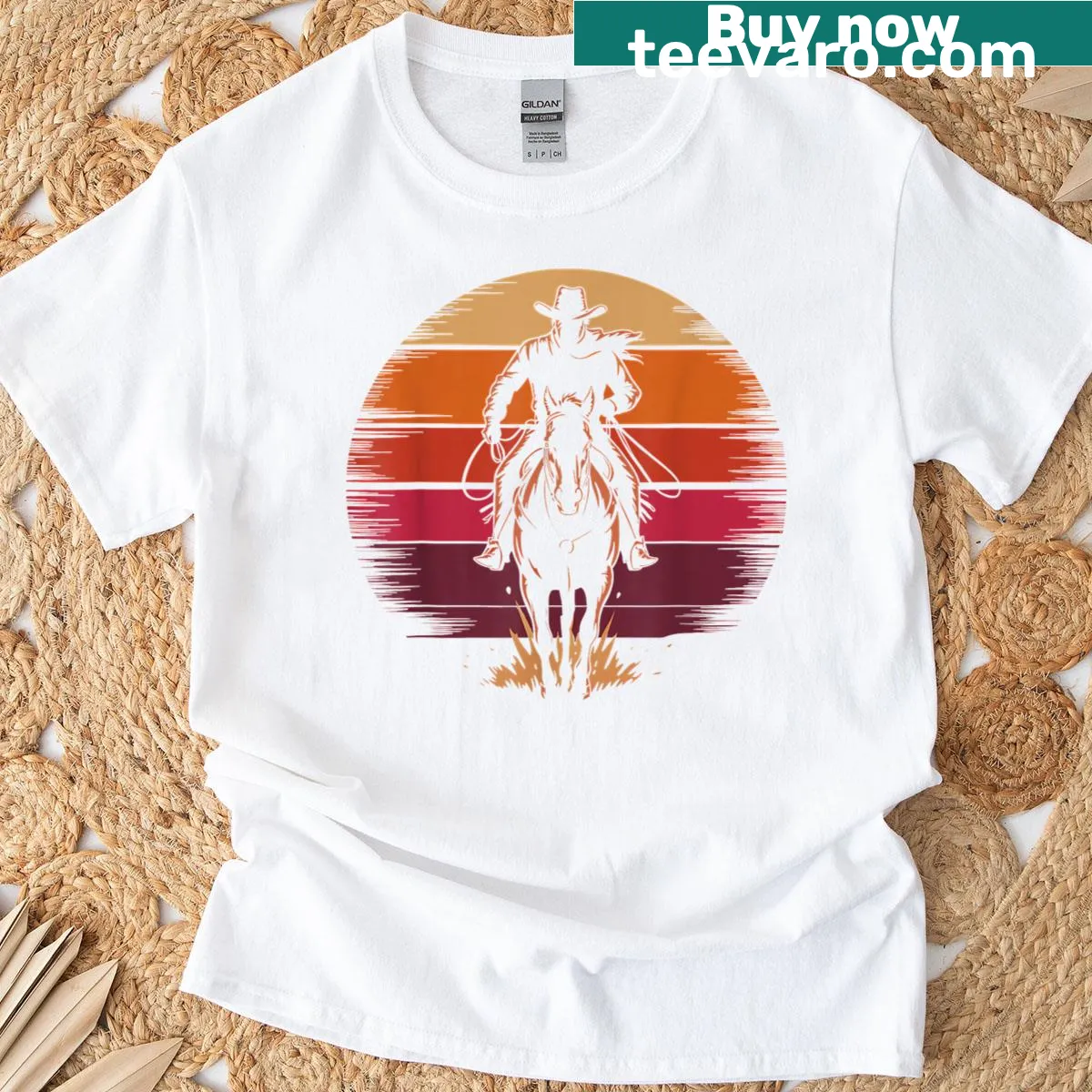 Vintage cowboy rodeo T-shirt depicting a bucking horse design — on a men's t-shirt