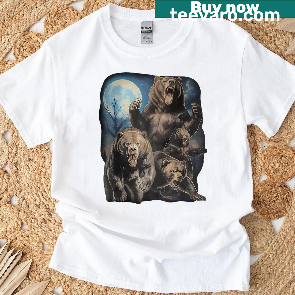 Illustration of a grizzly bear under a moon on a vintage T-shirt — on a men's t-shirt
