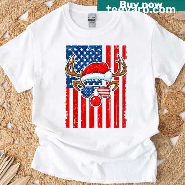 Vintage Christmas t-shirt with Rudolph in a Santa hat and US flag