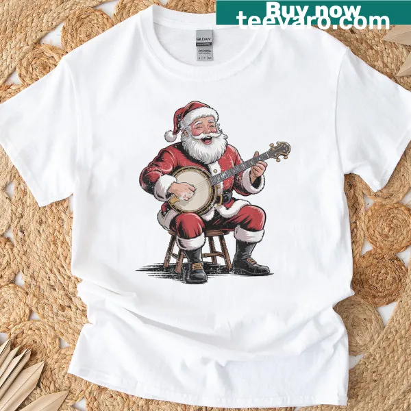 Retro Christmas T-shirt featuring Santa playing a banjo