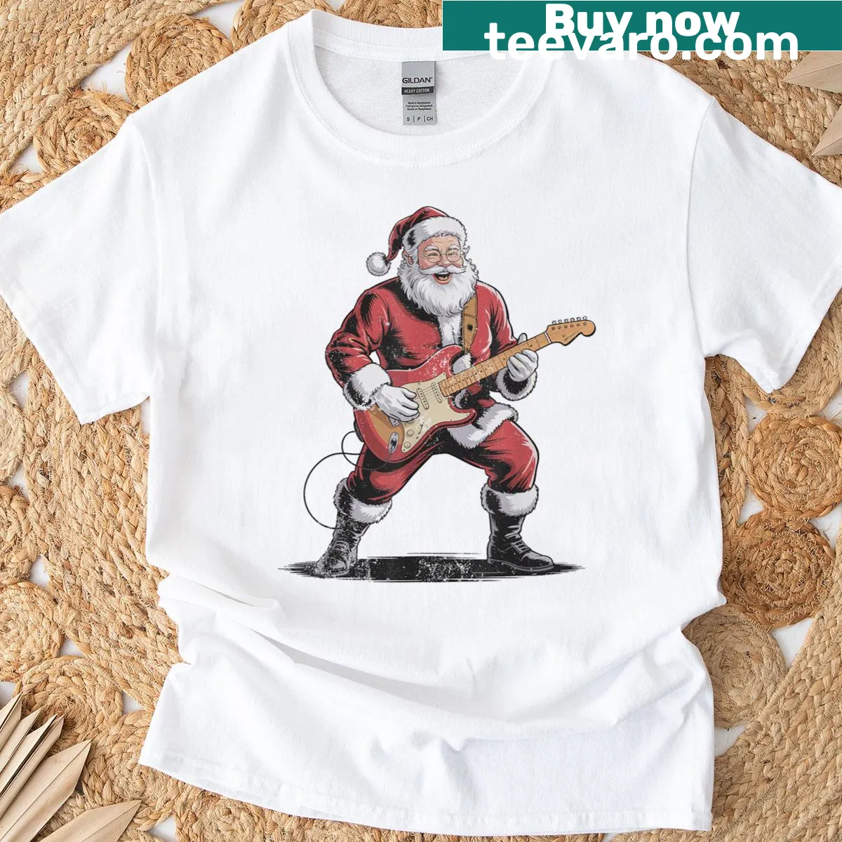 Nostalgic retro Santa playing an electric guitar on a T-shirt — on a men's t-shirt