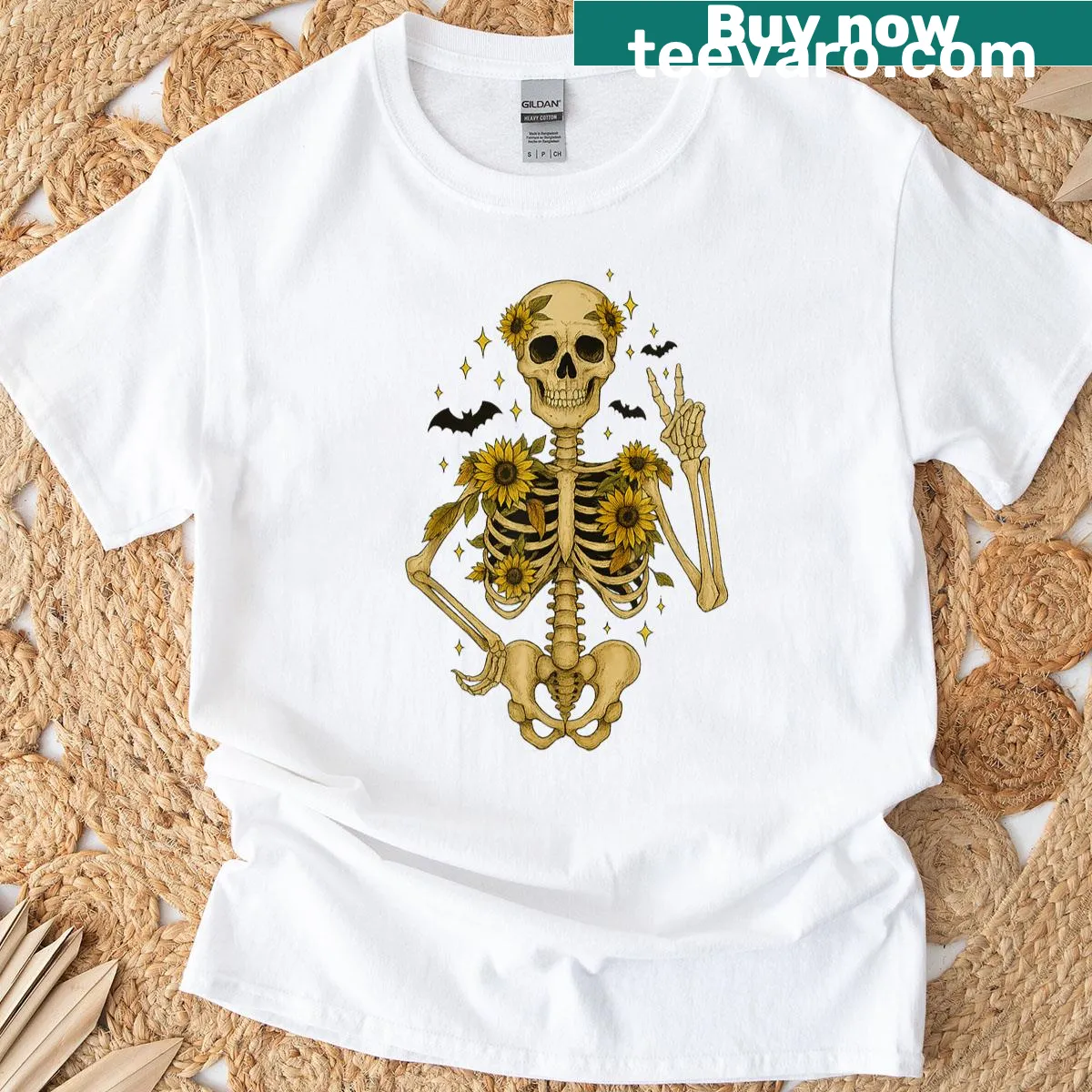 Cute Halloween t-shirt featuring a skeleton and sunflowers — on a men's t-shirt