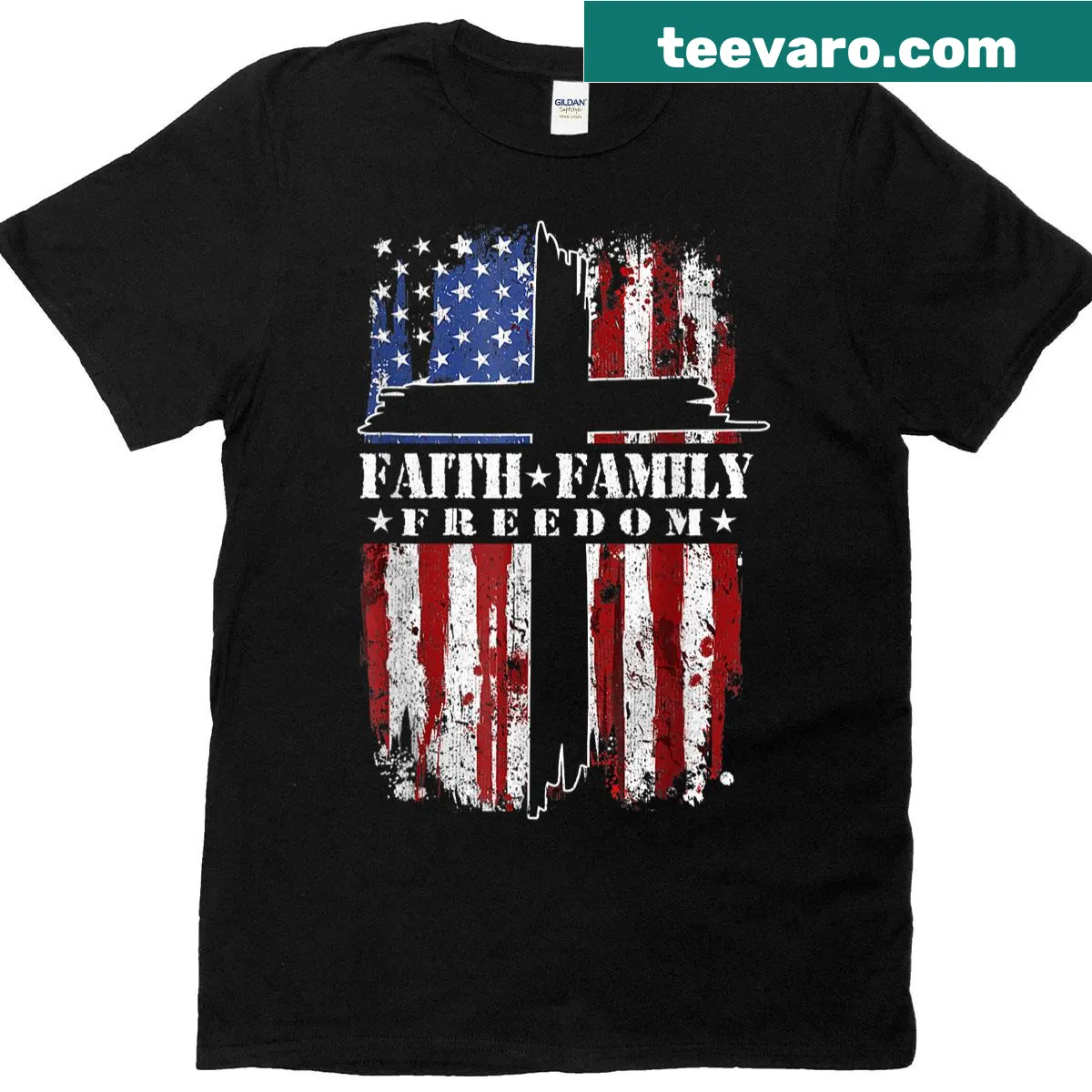 Vintage USA flag t-shirt with 'Faith Family Freedom' text — on a men's t-shirt
