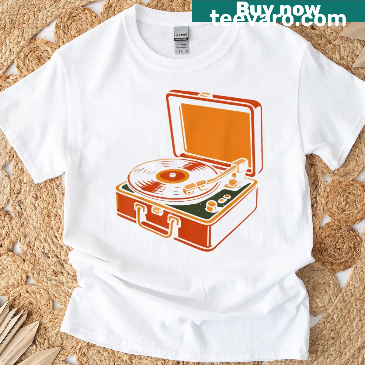 Vintage T-shirt featuring a classic vinyl record player design — on a men's t-shirt