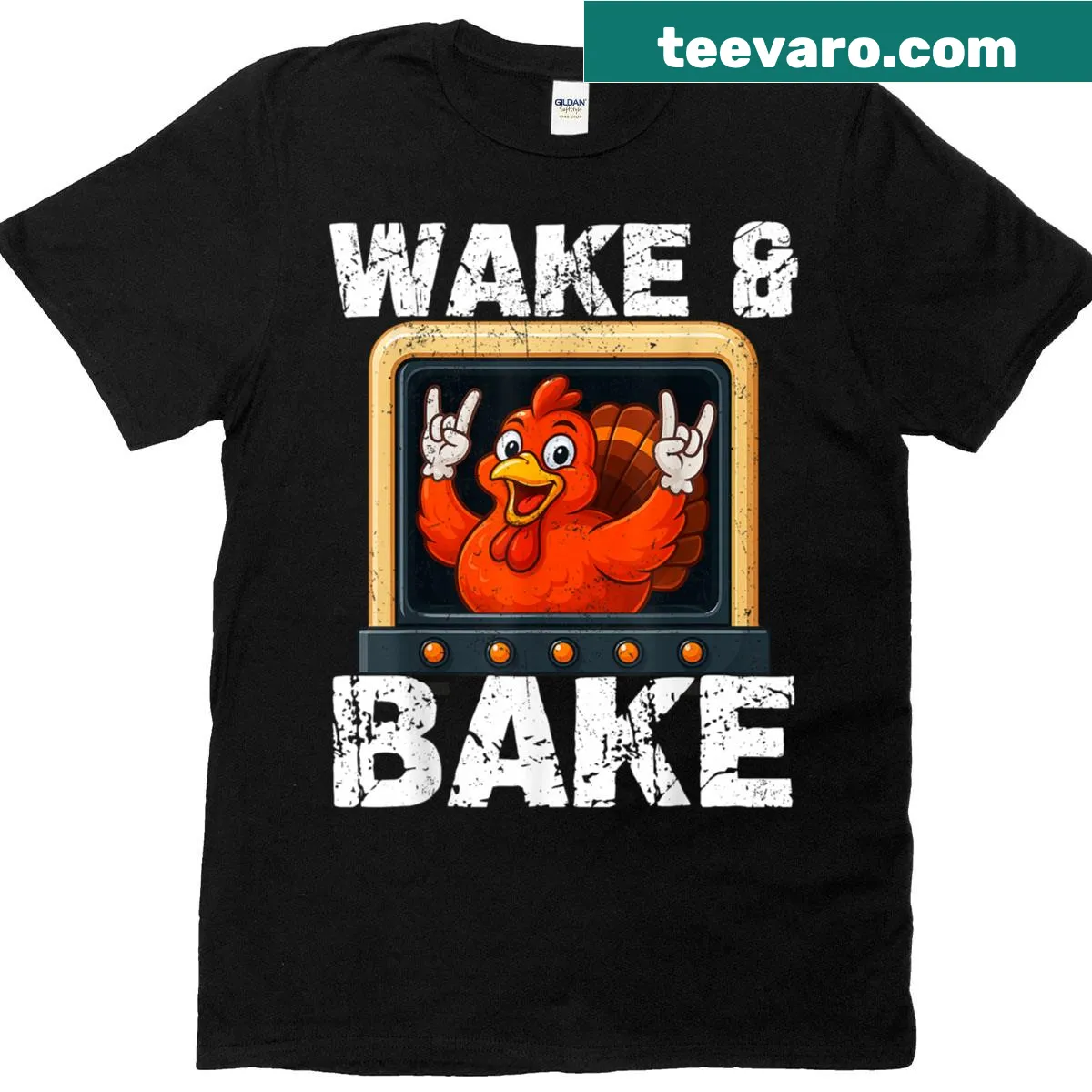 Funny Thanksgiving shirt with turkey and 'Wake And Bake' text — on a men's t-shirt