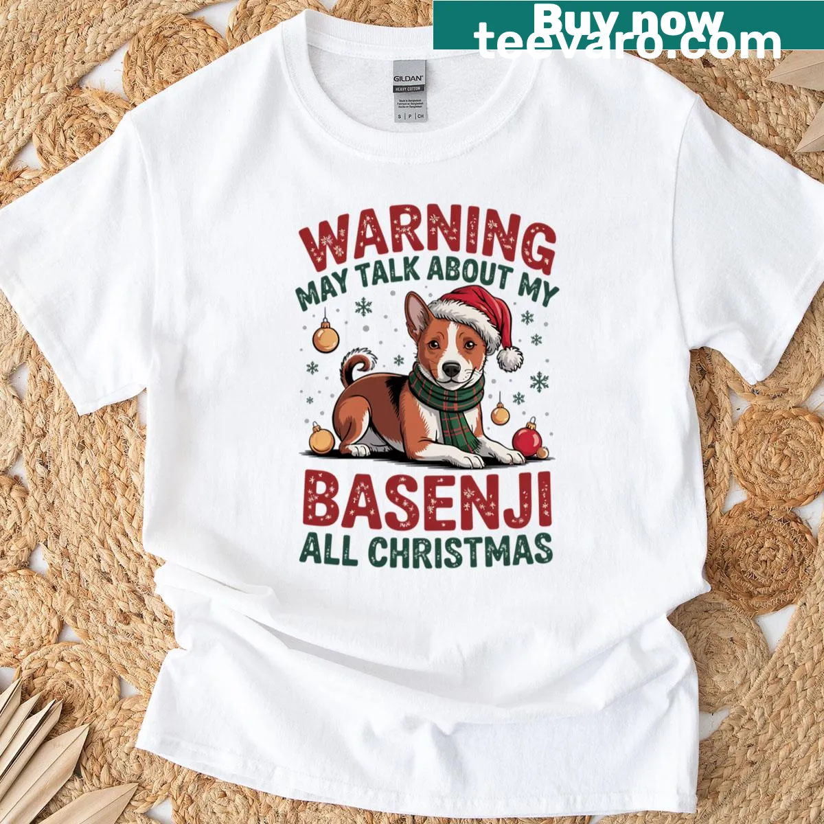 Funny t-shirt warning about talking about Basenjis during Christmas — on a men's t-shirt