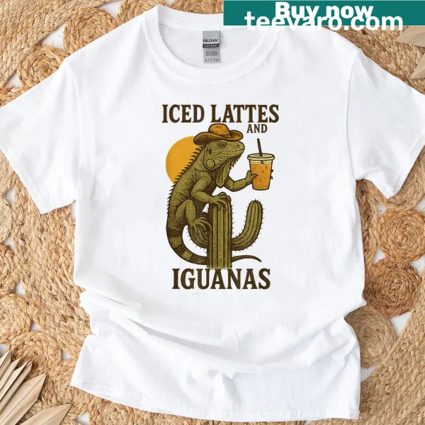 Vintage-style t-shirt featuring iced lattes, iguanas, and cacti
