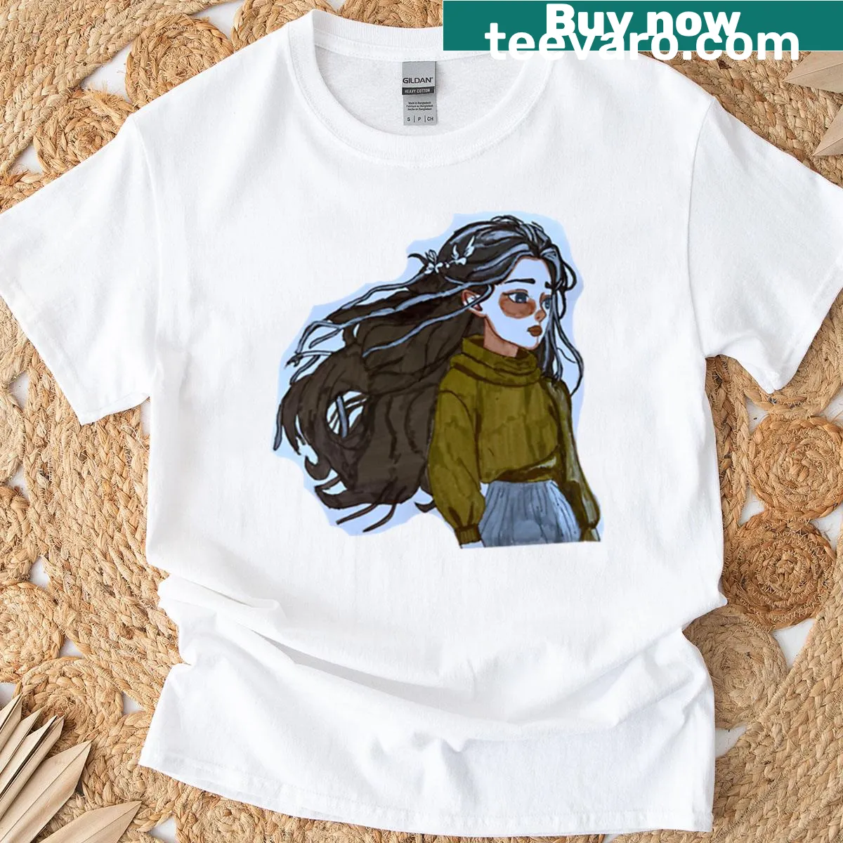 Illustration of a girl with flowing hair in autumn breeze on T-shirt — on a men's t-shirt