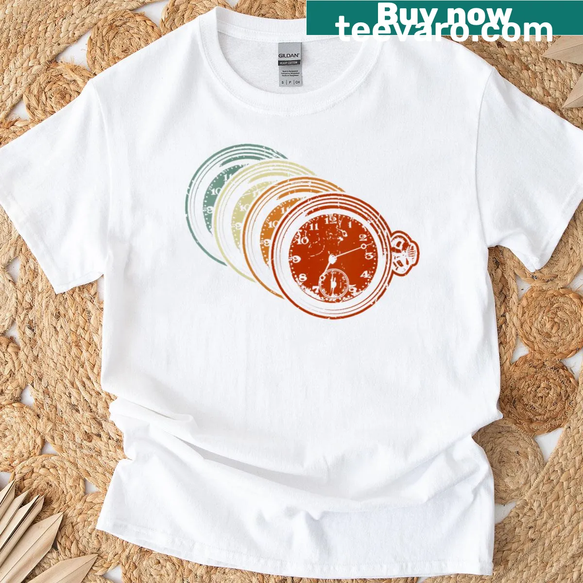 Vintage-style T-shirt featuring a detailed pocket watch graphic — on a men's t-shirt