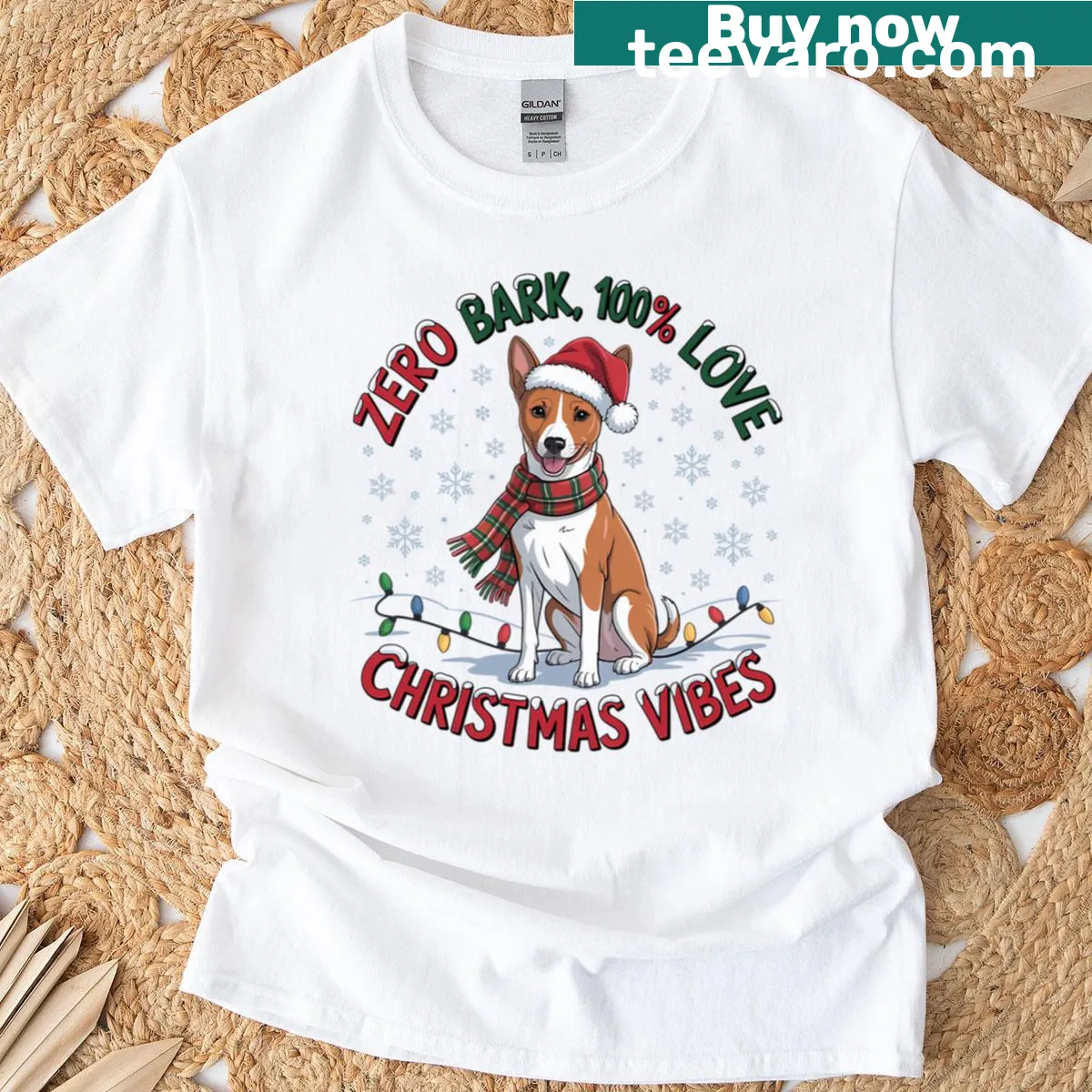 Funny Basenji graphic on a Christmas-themed T-shirt — on a men's t-shirt