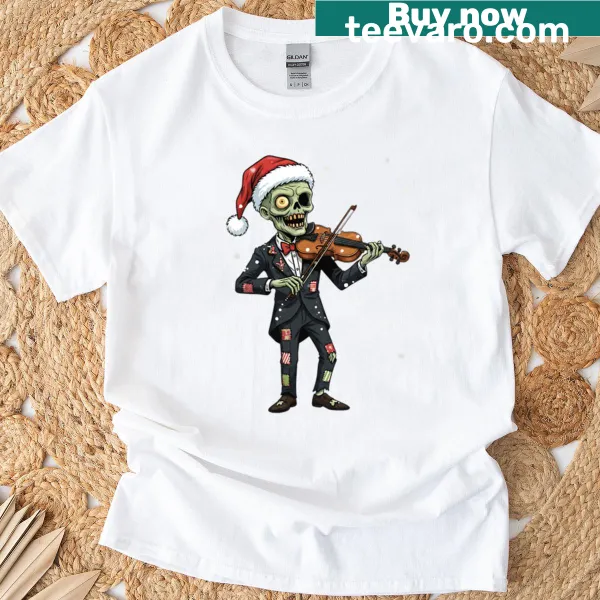 Funny Christmas T-shirt with a zombie violinist in snow