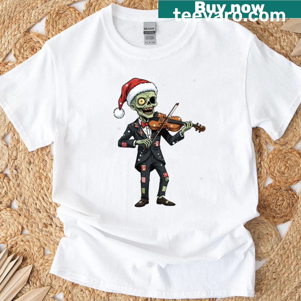 Funny Christmas T-shirt with a zombie violinist in snow — on a men's t-shirt