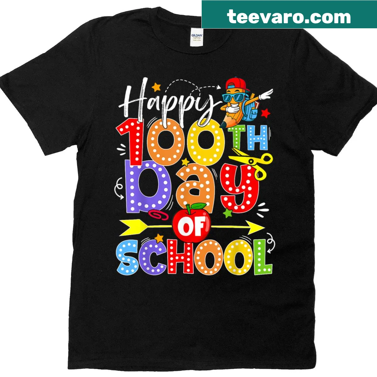 Cute T-shirt with a cartoon pencil and bow celebrating the 100th school day — on a men's t-shirt