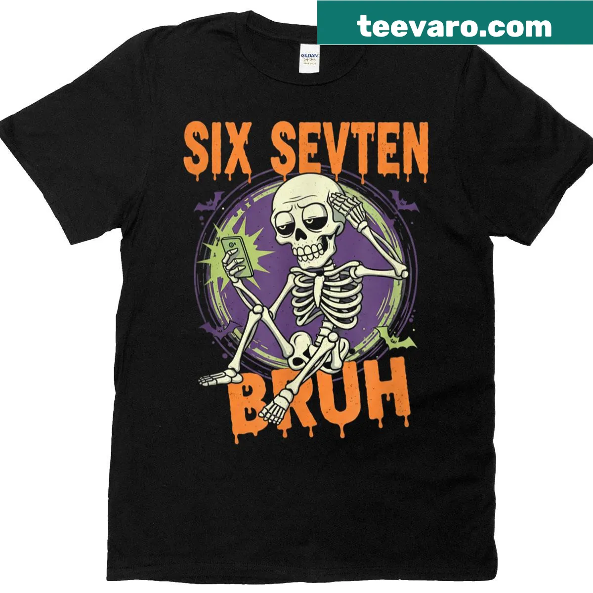 Funny Halloween t-shirt with skeleton and meme text design — on a men's t-shirt